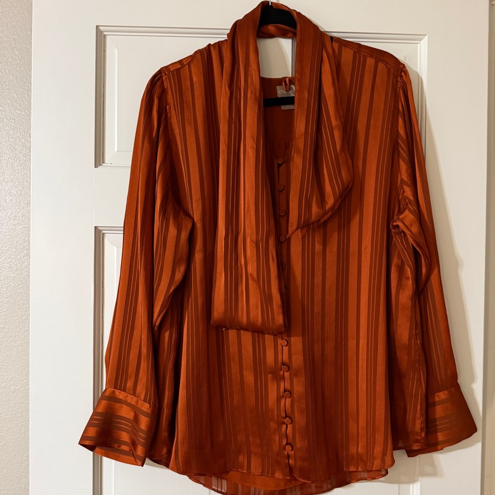Chico’s Long Sleeve Blouse W/ Scarf, Size 3 (16-18),Partially Lined,Rusty Orange